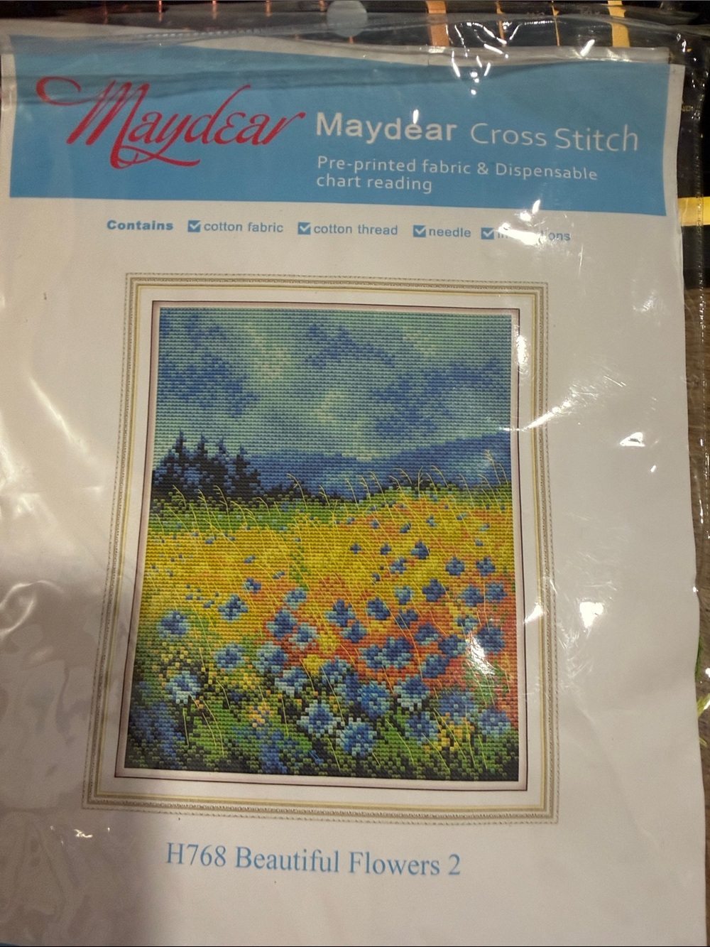 Blue and Yellow 'Beautiful Flowers 2' Cross Stitch Wall Art Kit